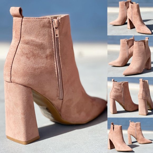 NEW Pointy Toe Geometric Triangle Block Heel Cutout Side Suede Ankle Bootie Boot - Picture 12 of 13